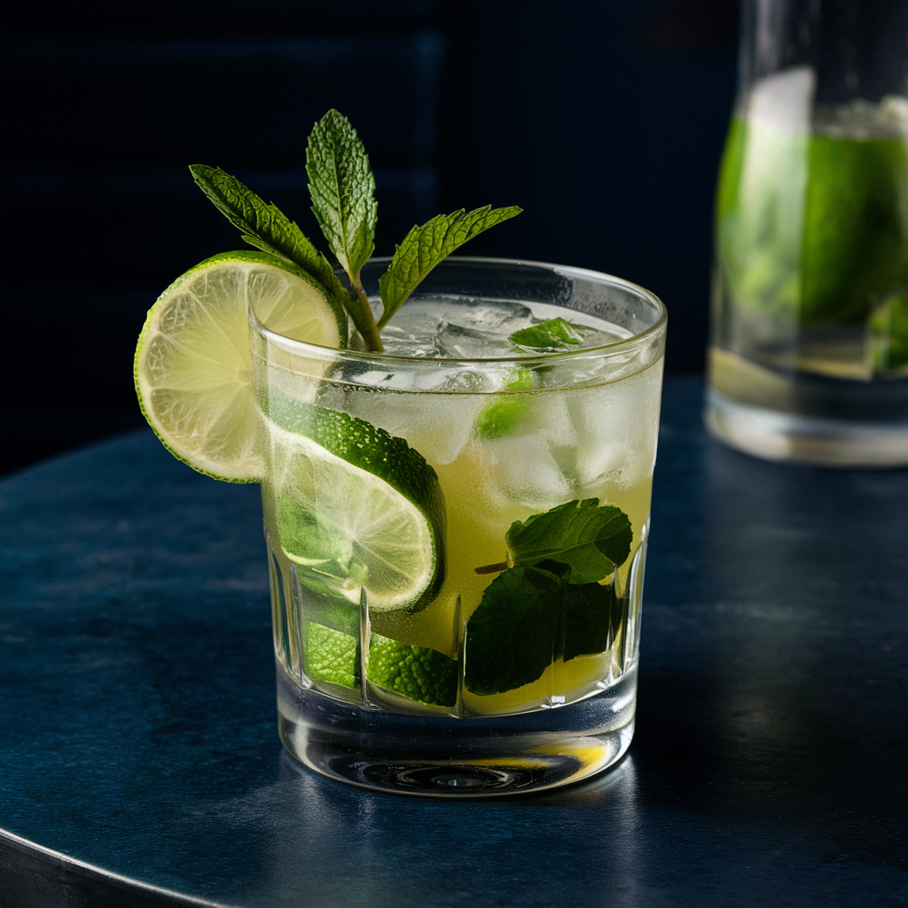 A refreshing mojito cocktail garnished with lime slices and mint leaves in a clear glass.