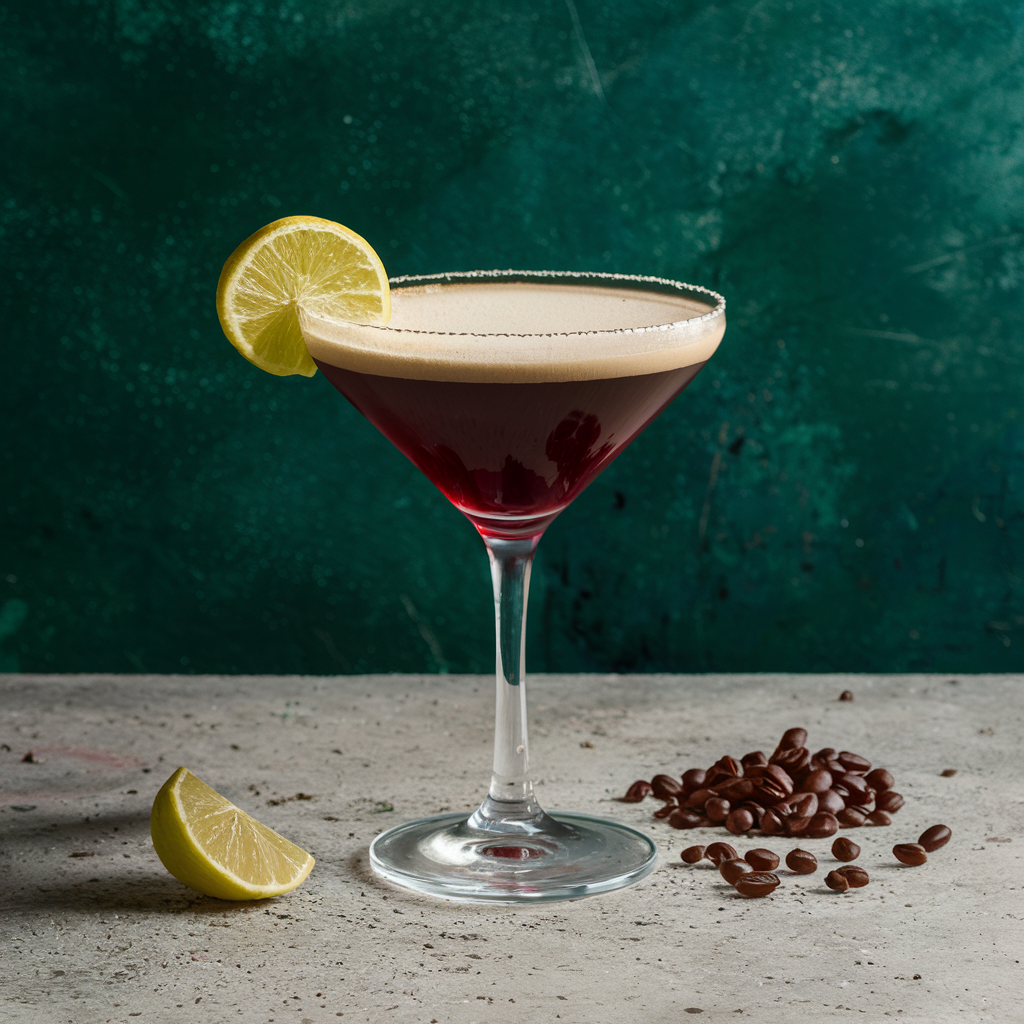 A perfectly crafted espresso martini cocktail garnished with some coffee beans.