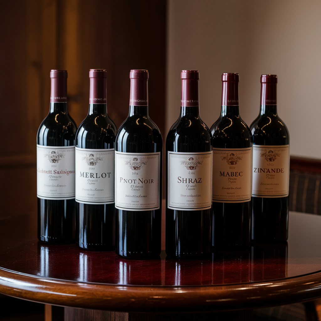 A selection of six bottles of best red wine arranged neatly on a wooden table. The labels of the wines include Cabernet Sauvignon, Merlot, Pinot Noir, Shiraz, Malbec, and Zinfandel.