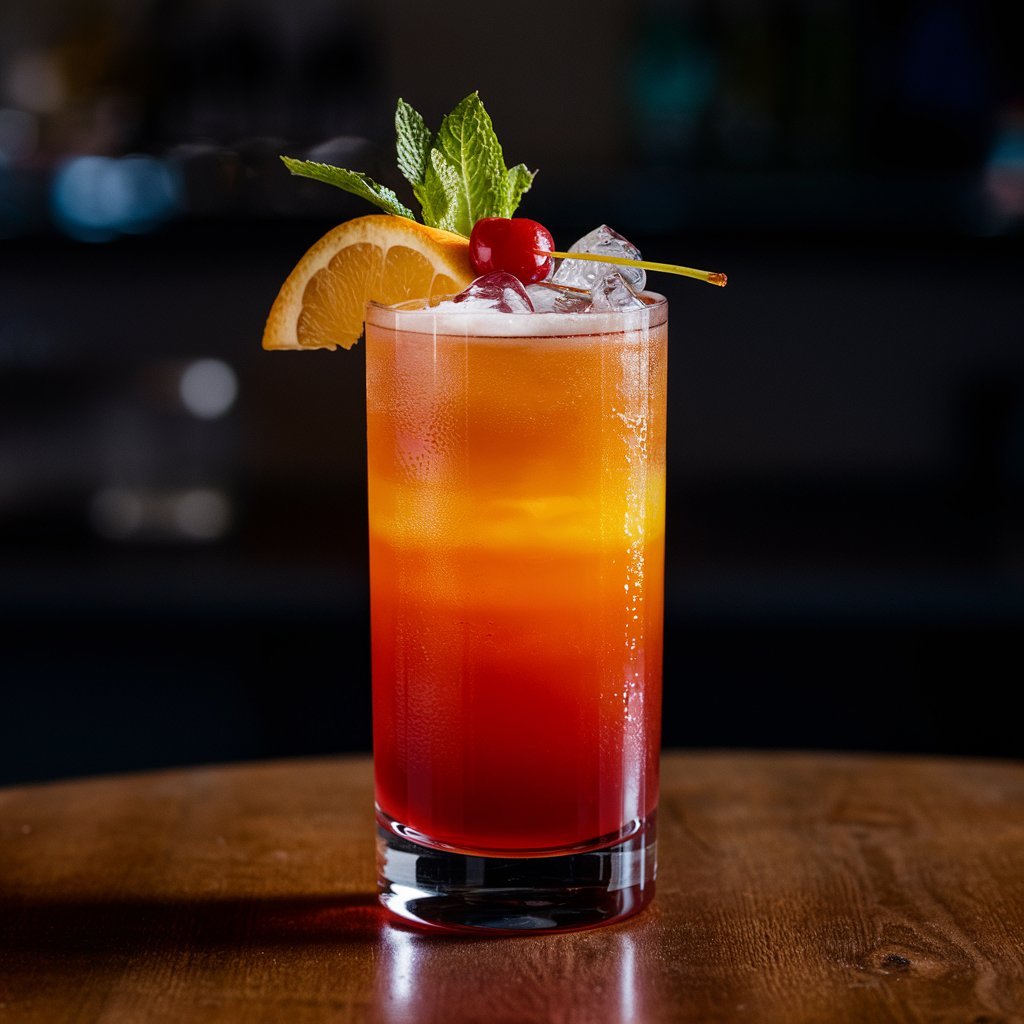 A vibrant Classic Tequila Sunrise recipe served in a tall glass, garnished with an orange slice and a cherry, displaying the iconic gradient of red, orange, and yellow colors.