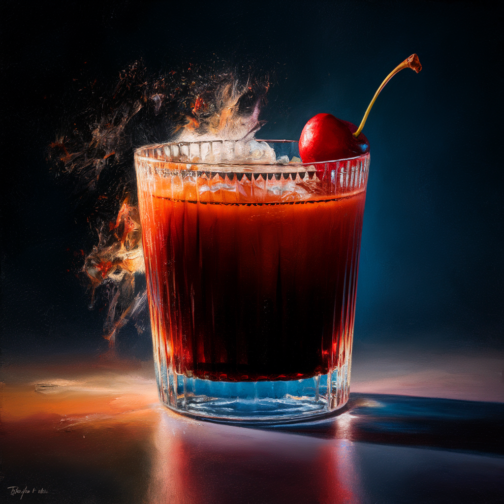 A crystal-clear glass filled with a Black Russian cocktail, featuring a deep, rich coffee hue, garnished with a single large ice cube, and set against a backdrop of elegant barware.