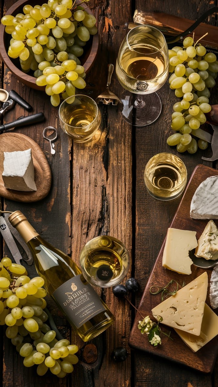 Best white wine selections displayed on a rustic wooden table with grapes, a wine opener, and a cheese platter.