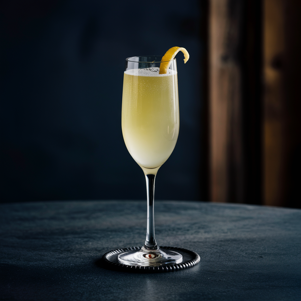 "Image shows a French 75 cocktail, a classic gin and Champagne drink, elegantly served in a champagne flute with a lemon twist garnish. The pale yellow cocktail, topped with bubbly Champagne, exemplifies the refined and instructional nature of the blog post."