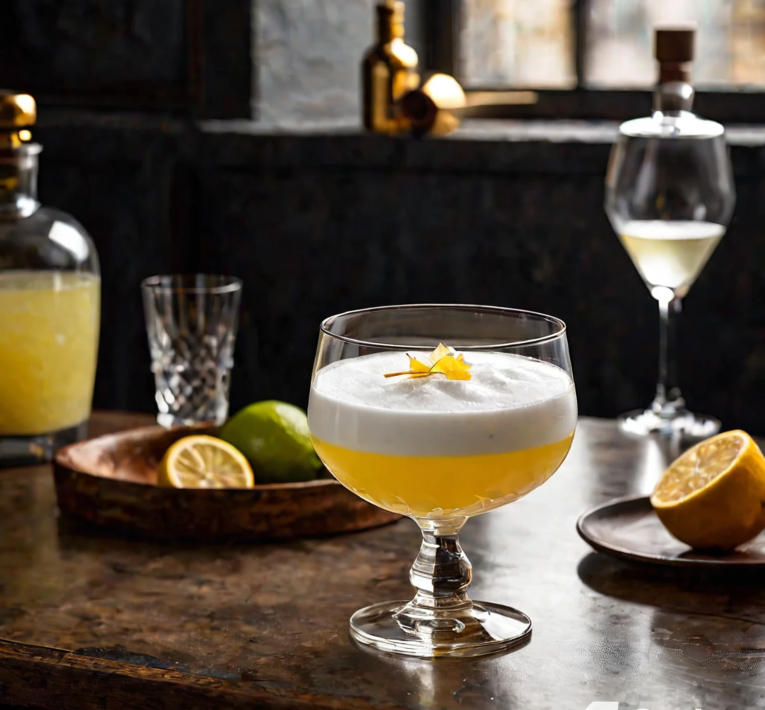 A freshly made Pisco Sour cocktail garnished with a slice of lime and a sprinkle of bitters.