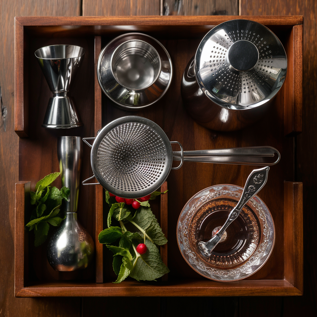 A selection of essential bar tools including a jigger, shakers, strainers, muddlers, bar spoons, and a mixing glass.