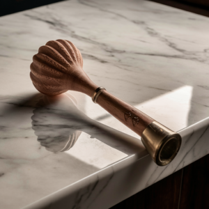 "Muddler with a wooden handle and textured head, placed on a marble countertop, realistic and highly detailed,