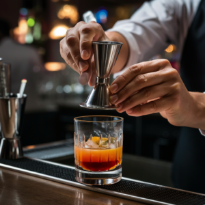 Close-up image of a stainless steel bar jigger on a wooden counter, with a polished reflective surface, surrounded by blurred cocktail ingredients in the background, captured with soft studio lighting."