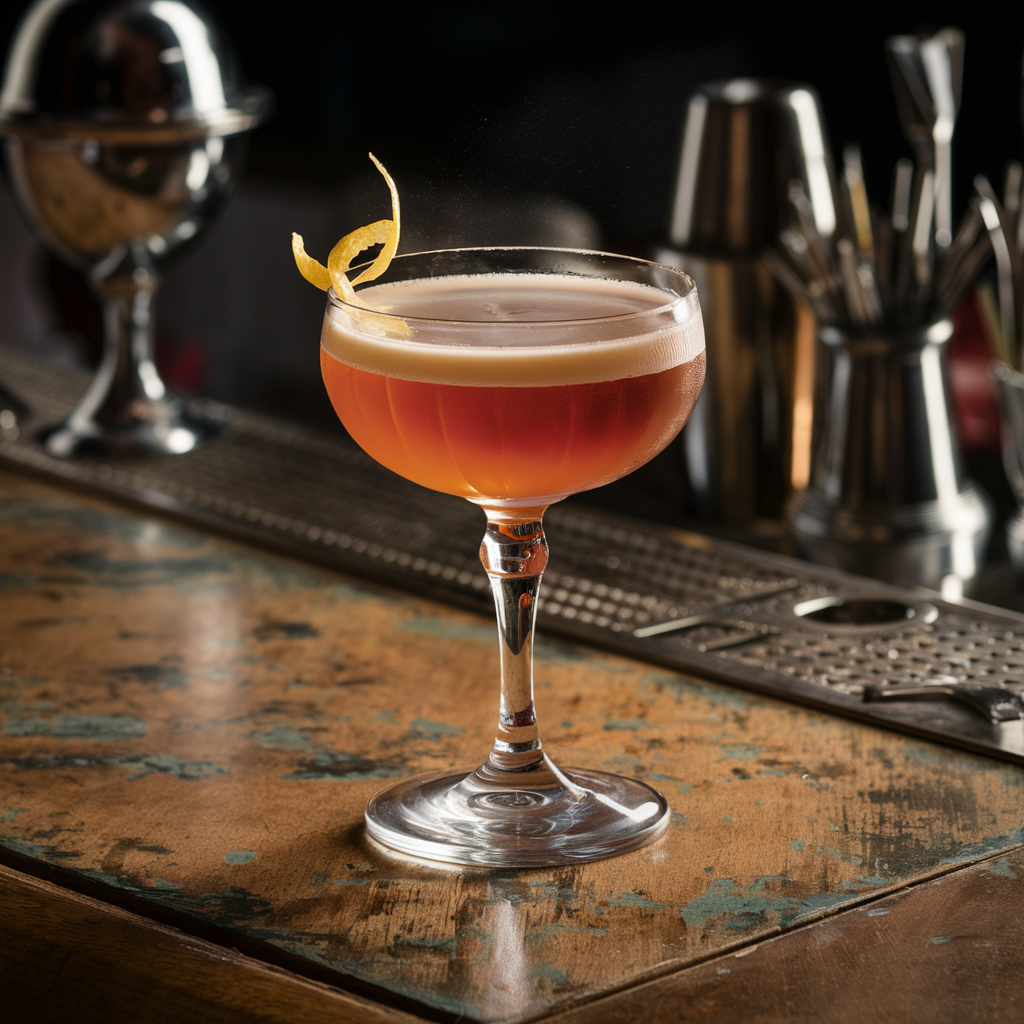 A Martinez cocktail garnished with a lemon twist in a coupe glass, set on a rustic wooden bar with a vintage cocktail shaker and bar tools in the background.