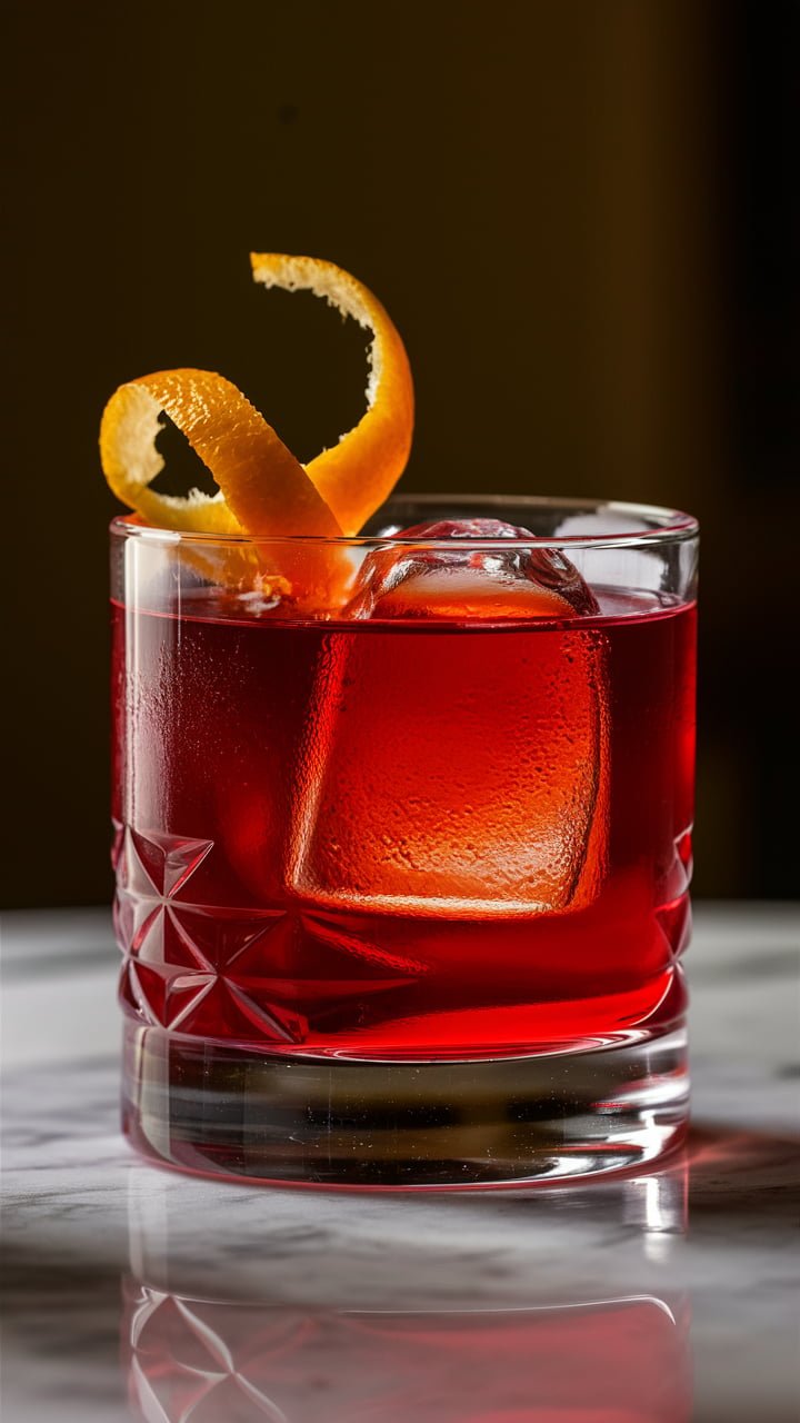 "Negroni cocktail in a rocks glass with large ice cube, garnished with orange peel" its best classic negroni recipe