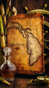 An antique map of the Caribbean alongside a bottle of rum and sugarcane stalks.