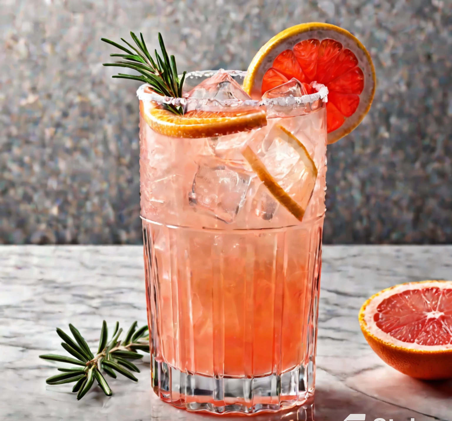 A perfectly crafted Paloma cocktail garnished with a slice of grapefruit and a sprig of rosemary, served in a clear glass with a salted rim.