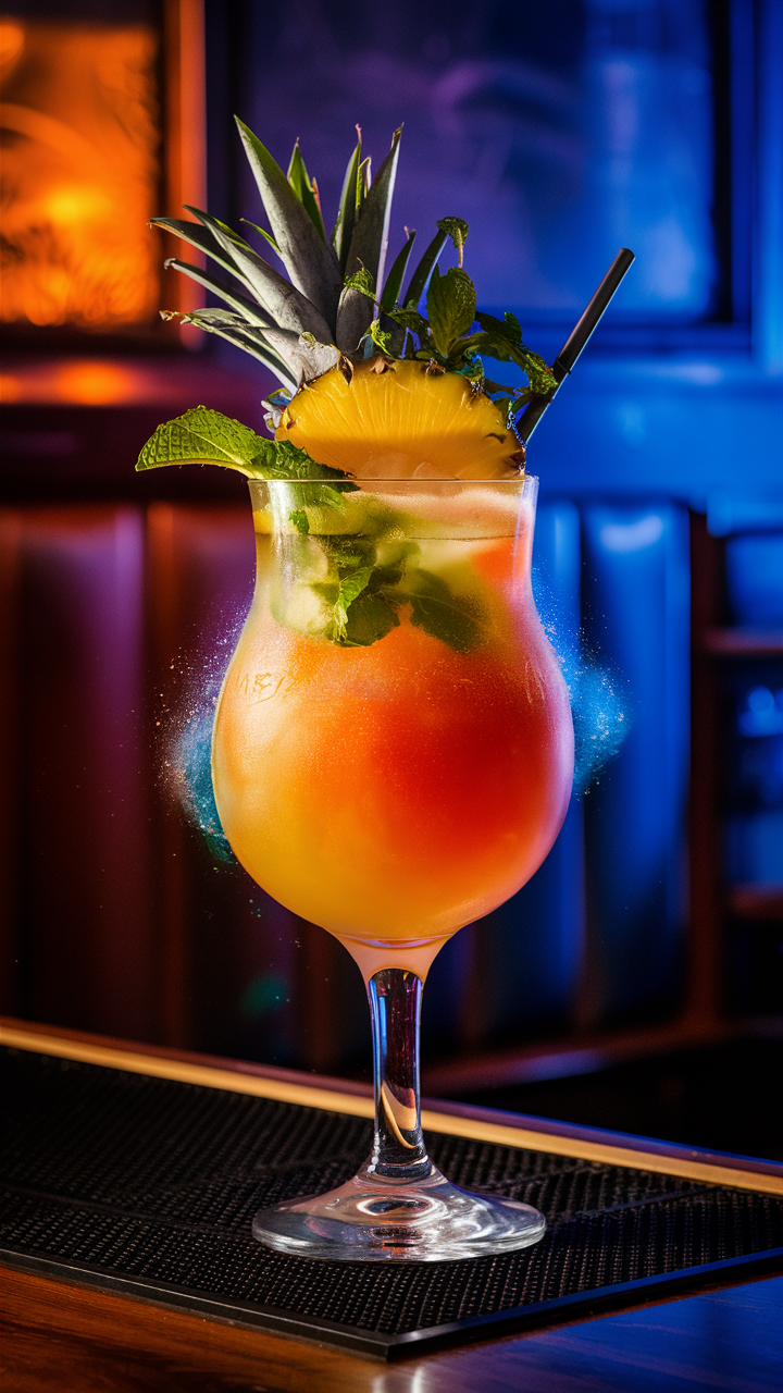A vibrant "zombie cocktail recipe" displayed in a tall, intricately designed tiki glass, adorned with a slice of pineapple, a maraschino cherry, and a sprig of mint. The drink's rich orange hue is complemented by a dramatic garnish of a flaming lime shell, enhancing its spooky and tropical aesthetic. The background features a rustic wooden surface with scattered cocktail-making tools, evoking a festive and exotic tiki bar ambiance.