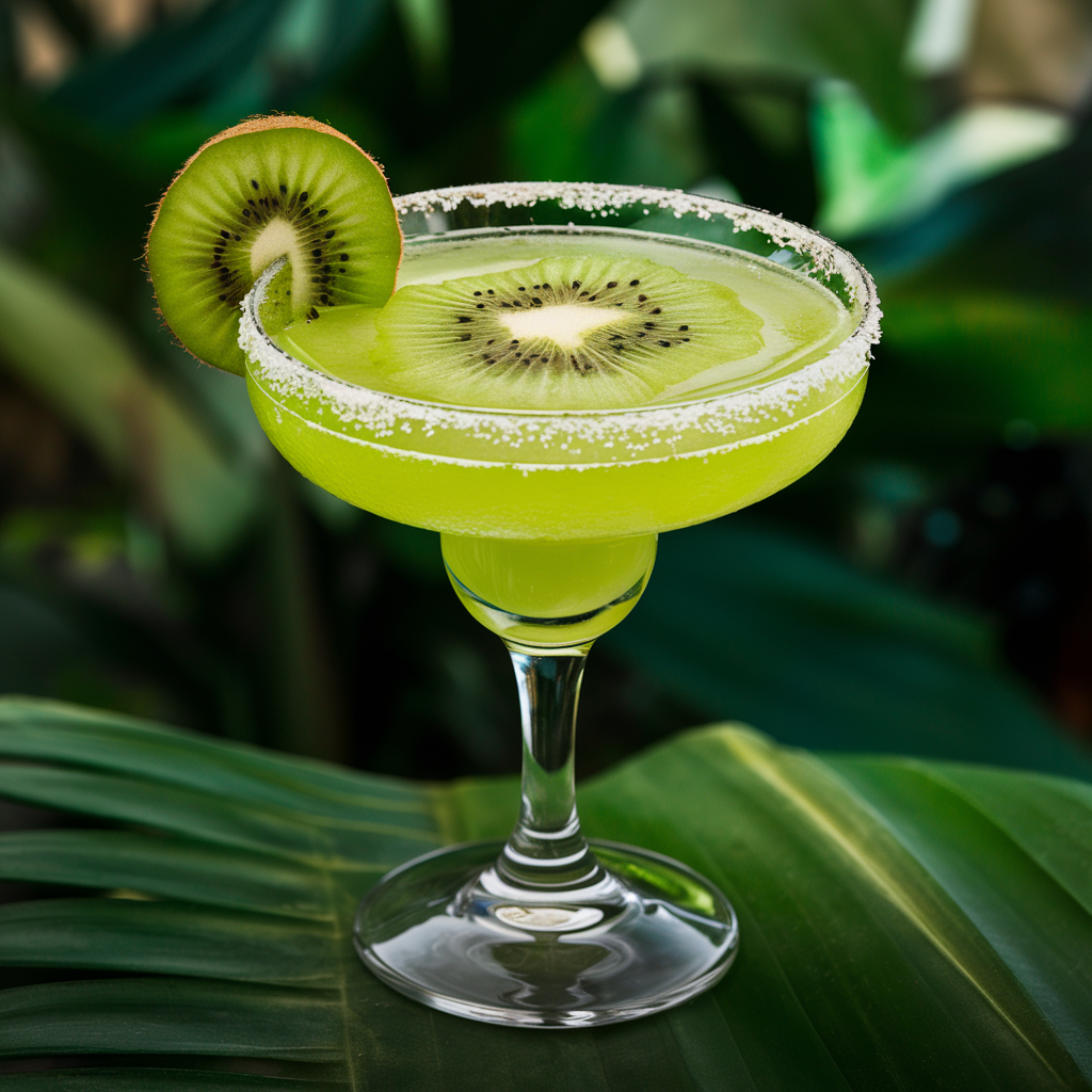 Kiwi margarita mocktail served in a salt-rimmed margarita glass, garnished with a slice of fresh kiwi.