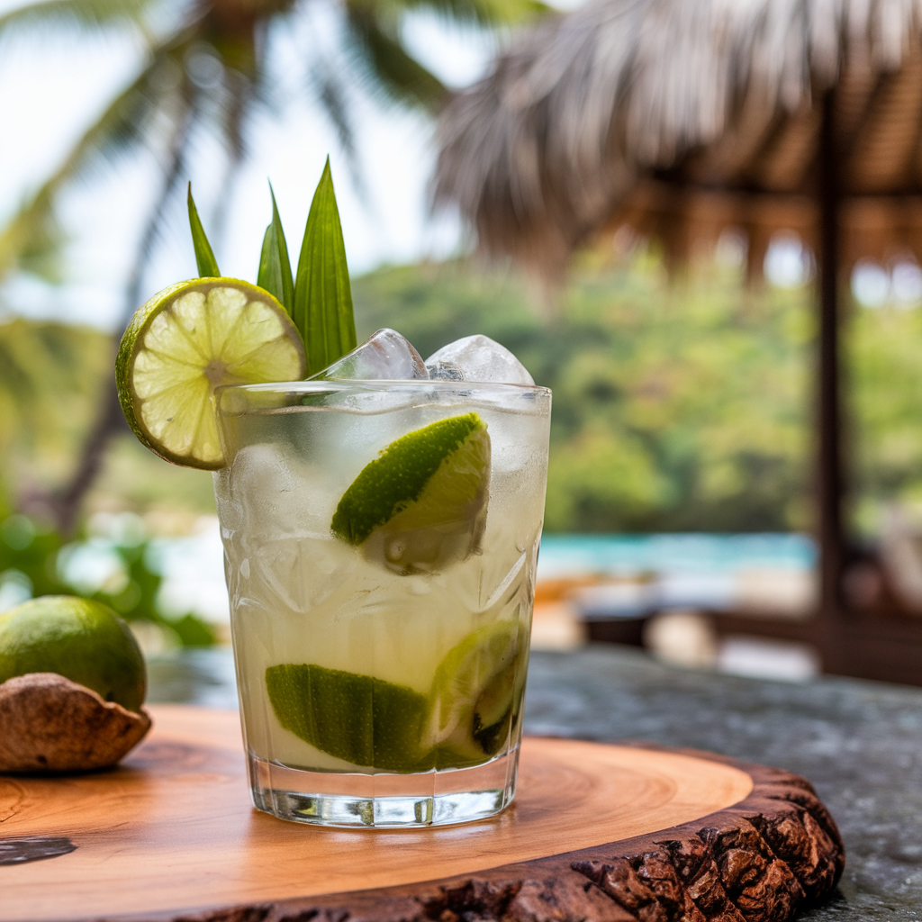 "Glass of Caipirinha cocktail with fresh lime slices, ice cubes, and sugar on a rustic wooden table."