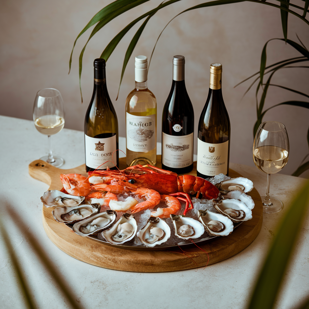 Best white wine and seafood pairings for a memorable dining experience. A fresh seafood platter paired with five glasses of white wine.