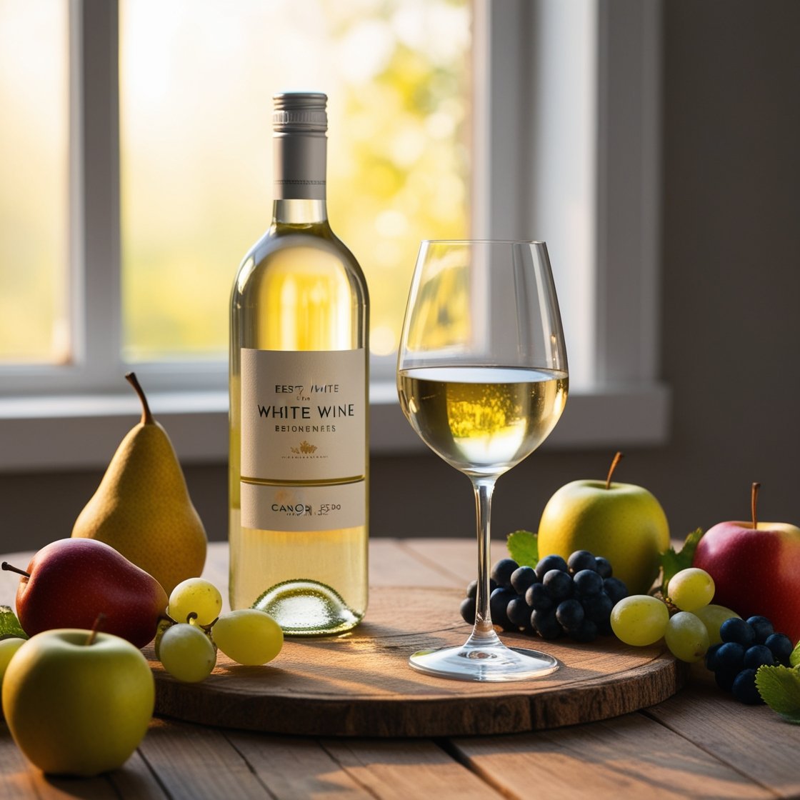A selection of five different white wine bottles, displayed on a wooden table, showcasing various styles from crisp to sweet.