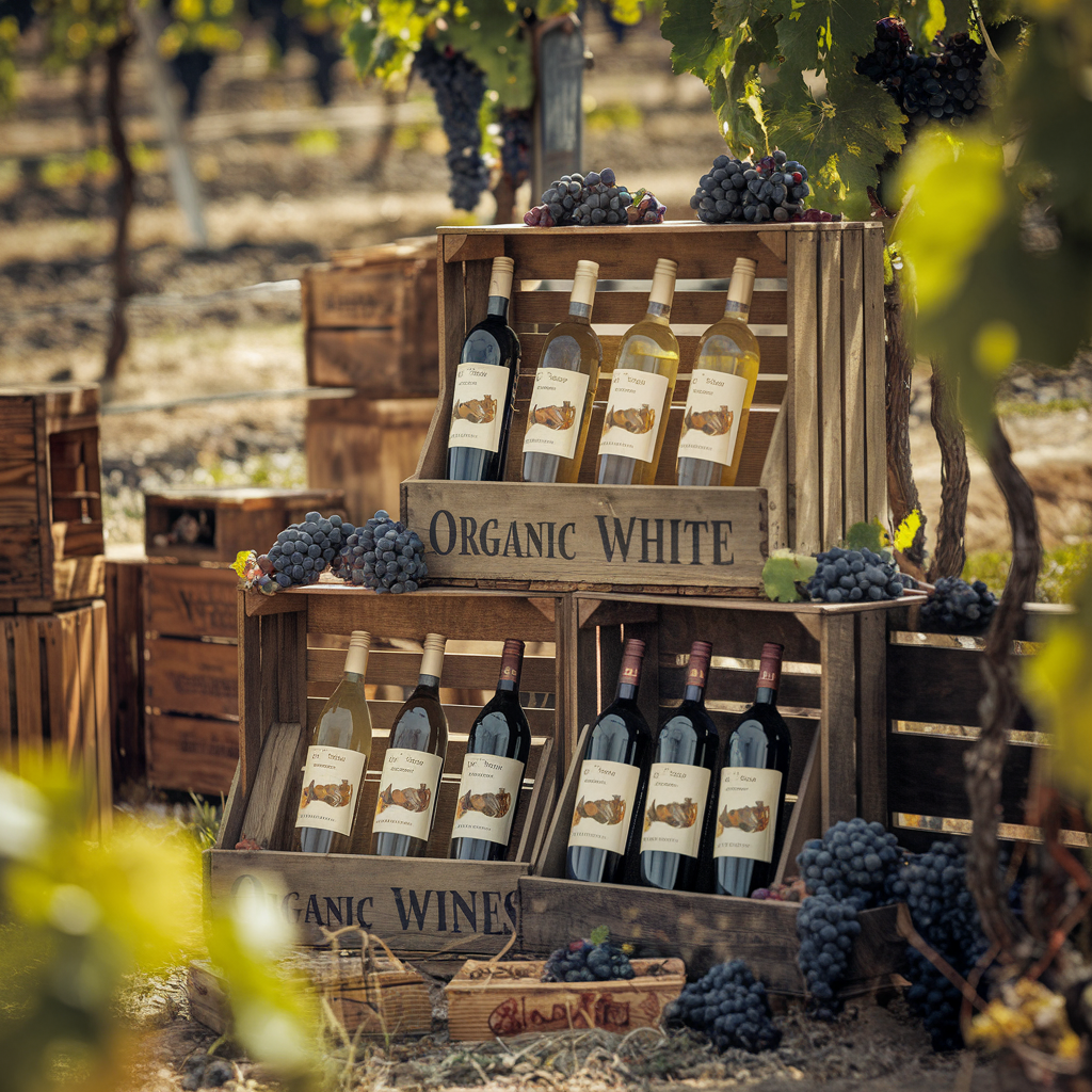 A bottle of organic white wines resting on a rustic wooden table with a vineyard in the background, surrounded by fresh grapes and natural sunlight.
