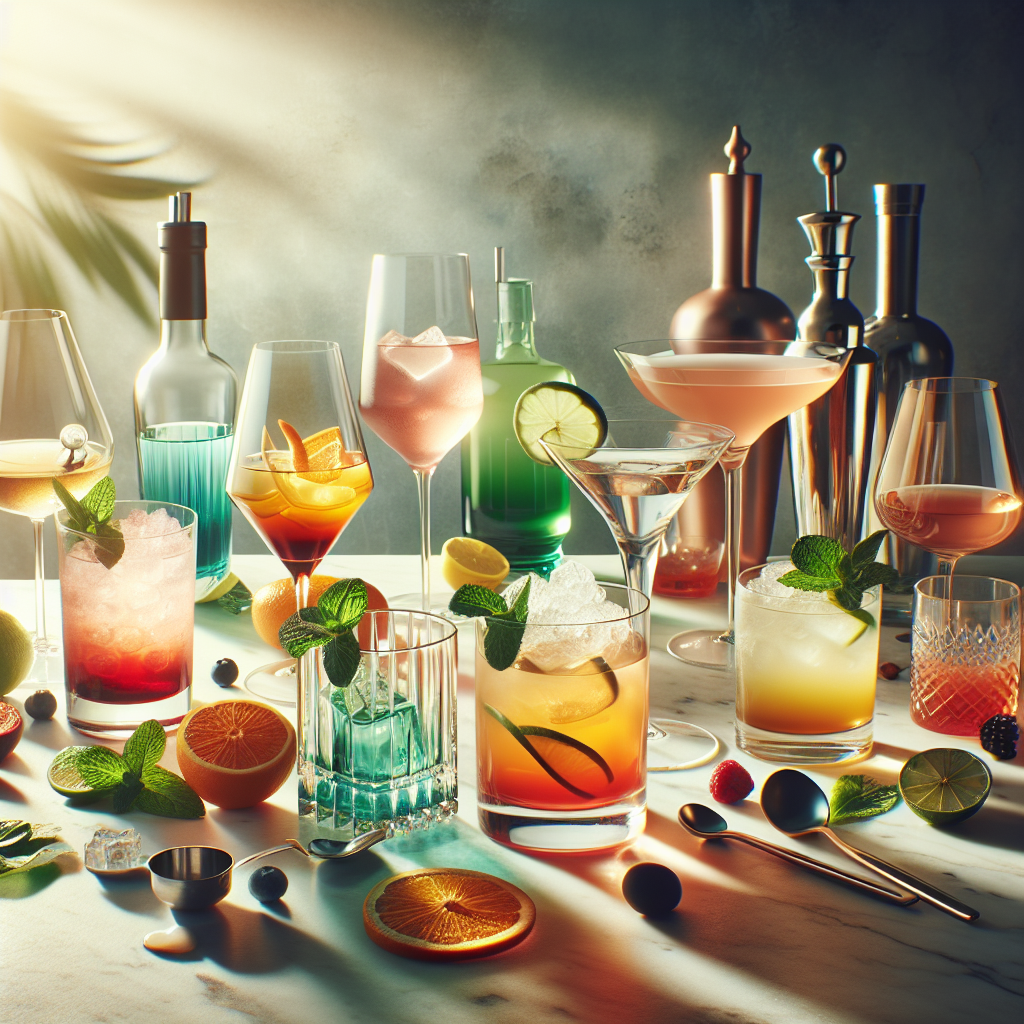 A bartender skillfully pouring a vibrant cocktail into a glass, surrounded by various bottles and bar tools, exemplifying extensive beverage knowledge