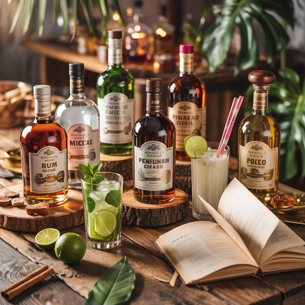 "Ultimate rum guide visual: premium dark, white & spiced rum bottles with mojito and piña colada cocktails on rustic table"