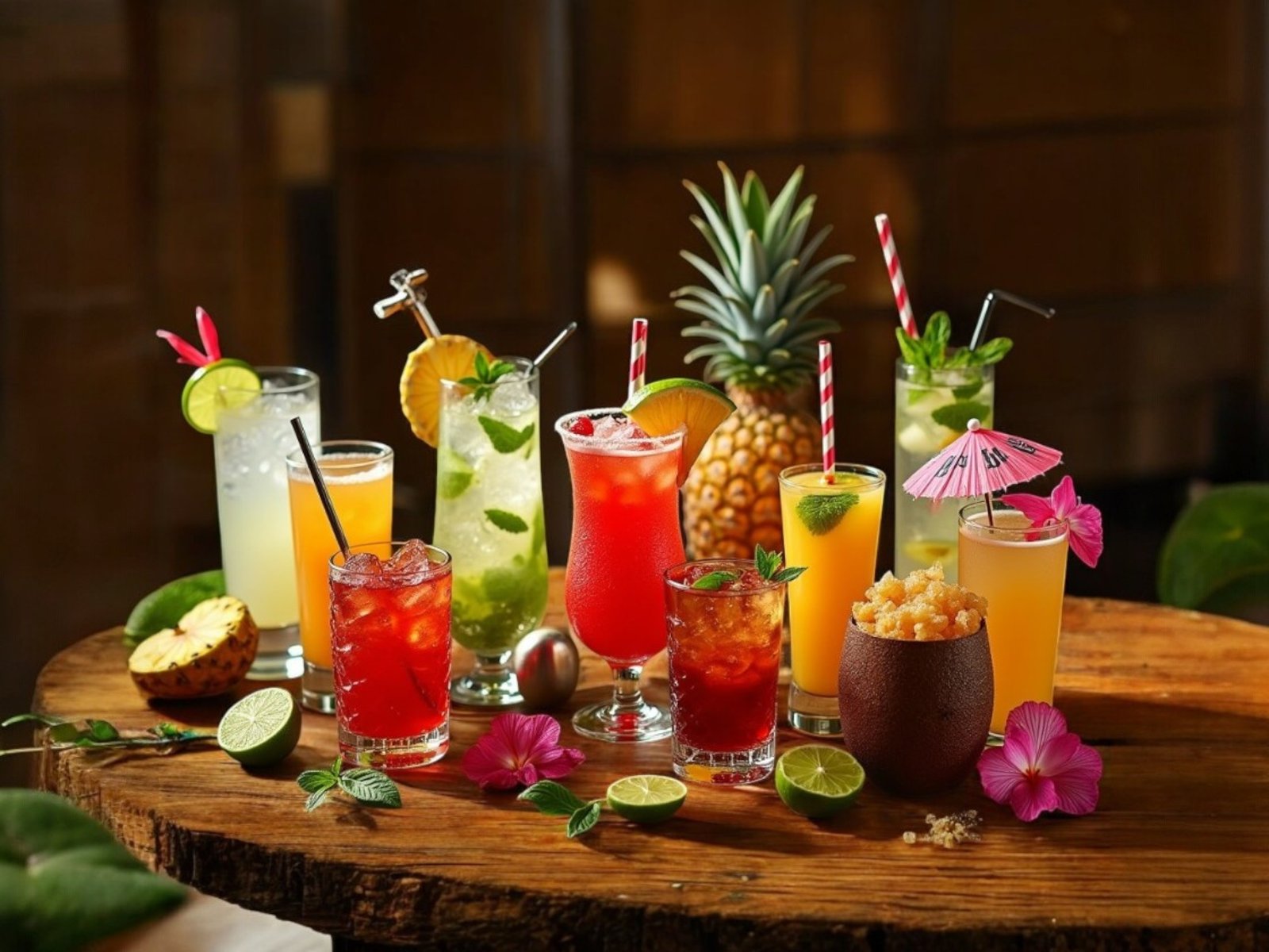 Colorful variety of easy rum cocktails garnished with lime, mint, and cherries on a wooden table with white rum bottle and bar tools.