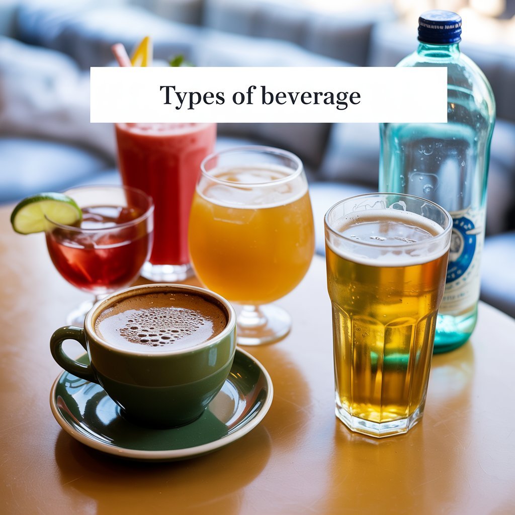 "Assorted types of beverages on a table: coffee, beer, smoothie, cocktail, and water"