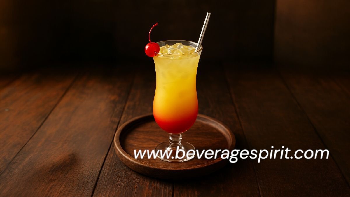 Layered orange mocktail with strawberry syrup and soda in a tall glass, garnished with orange slice and mint.